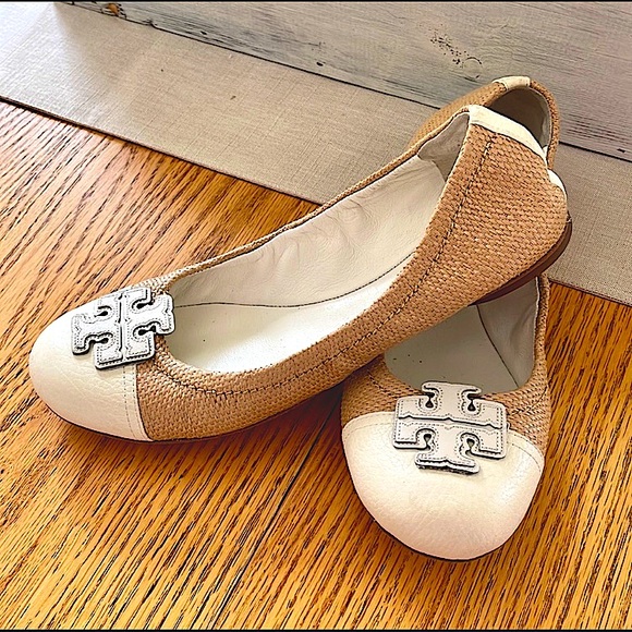 SOLD Tory Burch Carita Raffia Straw Leather Flat Shoes! 💙💚 - Picture 1 of 11